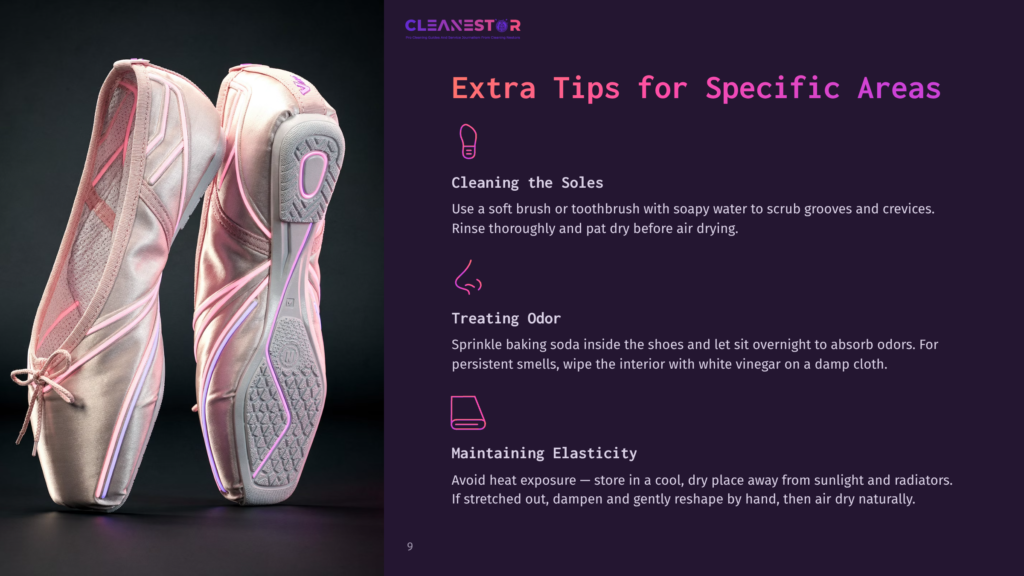 Close-Up Of Pink Ballet Pointe Shoes With Satin Ribbons, Resting On A Dark Purple Background. Text Overlay Provides Tips For Cleaning And Odor Removal.