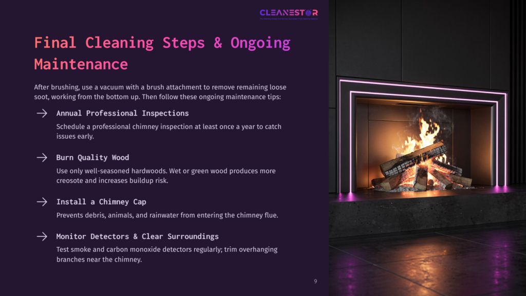 9 Final Cleaning Steps And Ongoing Maintenance A Modern Fireplace With A Glowing Fire And Pink Led Lighting, Next To A Dark Wall. Text Overlays Provide Information On Chimney Cleaning Steps And Ongoing Maintenance.
