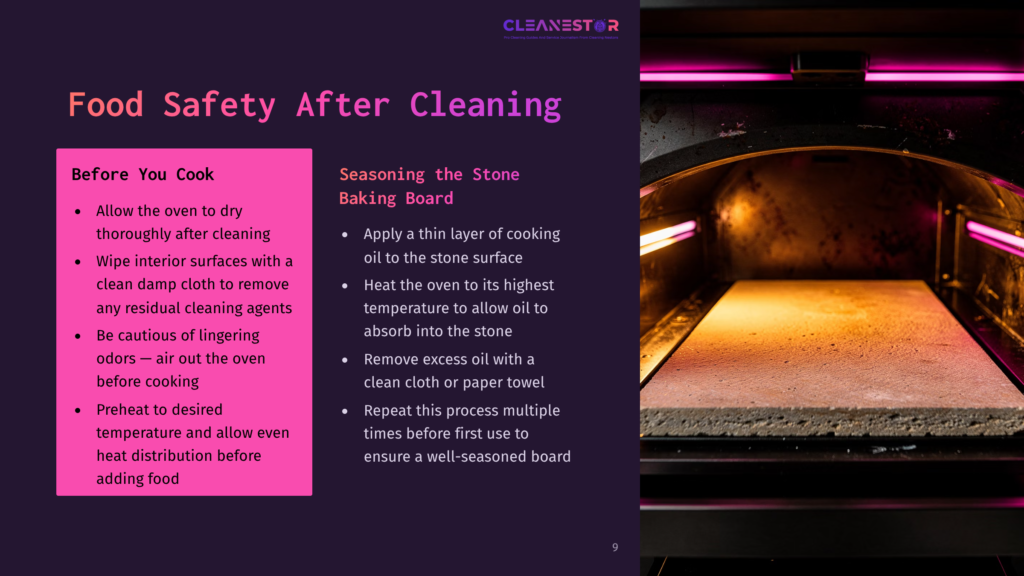Inside A Black Oven With Bright Pink Interior Lights, A Thick, Rectangular Stone Baking Board Sits On The Rack, Ready For Use. The Text &Quot;Food Safety After Cleaning&Quot; Is Visible On The Left.