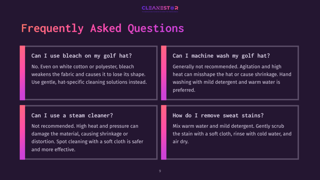 Frequently Asked Questions About Cleaning Golf Hats, Including Whether To Use Bleach, Machine Wash, Steam Cleaner, Or How To Remove Sweat Stains.