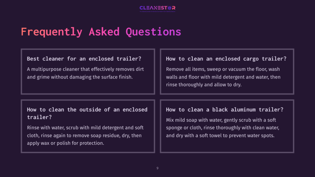 Cleanestor Logo And Frequently Asked Questions About Cleaning Enclosed Trailers, Including How To Clean Cargo Trailers And Aluminum Trailers.