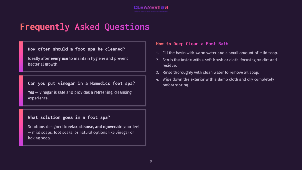 A Dark Purple Graphic Displays A &Quot;Frequently Asked Questions&Quot; Section About Cleaning Foot Spas. Text Details Cleaning Frequency, Using Vinegar, And Suitable Cleaning Solutions, With A &Quot;How To Deep Clean A Foot Bath&Quot; Guide On The Right.