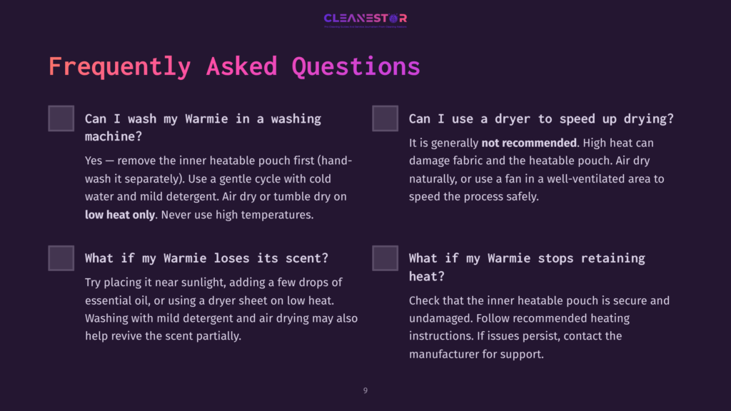 Frequently Asked Questions About Washing And Drying A Warmie. Text Covers Washing Instructions, Dryer Use, And What To Do If Scent Is Lost Or Stops Retaining Heat.