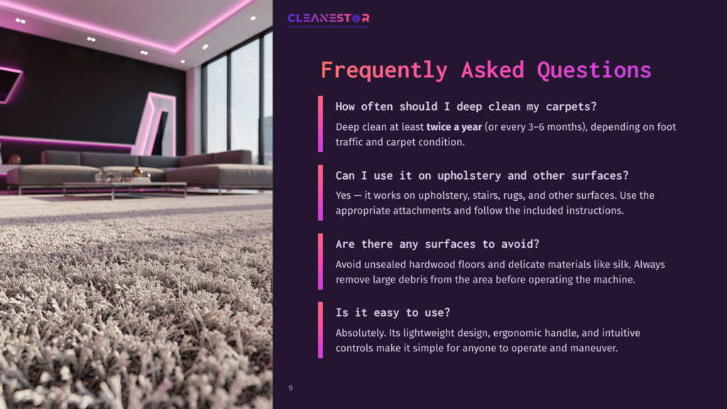 A Modern Living Room With A Plush, Textured Carpet In The Foreground, A Sleek Sofa, And Purple Neon Lighting Accents. The Cleanestor Logo Is Visible In The Top Center Of The Image.