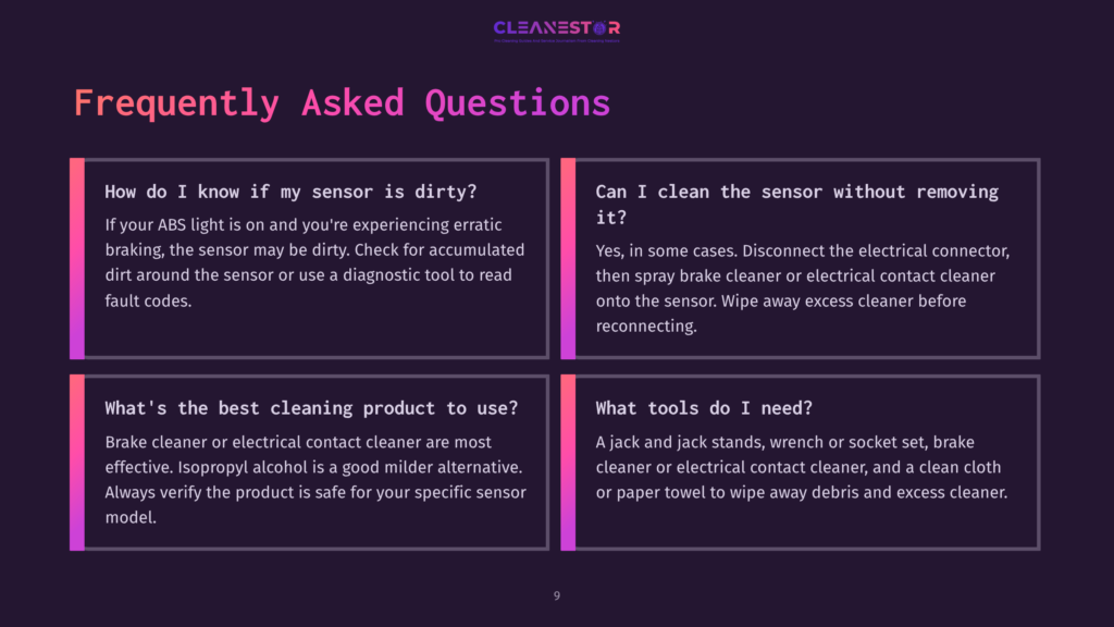 Frequently Asked Questions About Cleaning Car Sensors. The Image Displays Four Distinct Question-And-Answer Panels In A Dark Purple Background With Gradient Pink And Purple Accents.