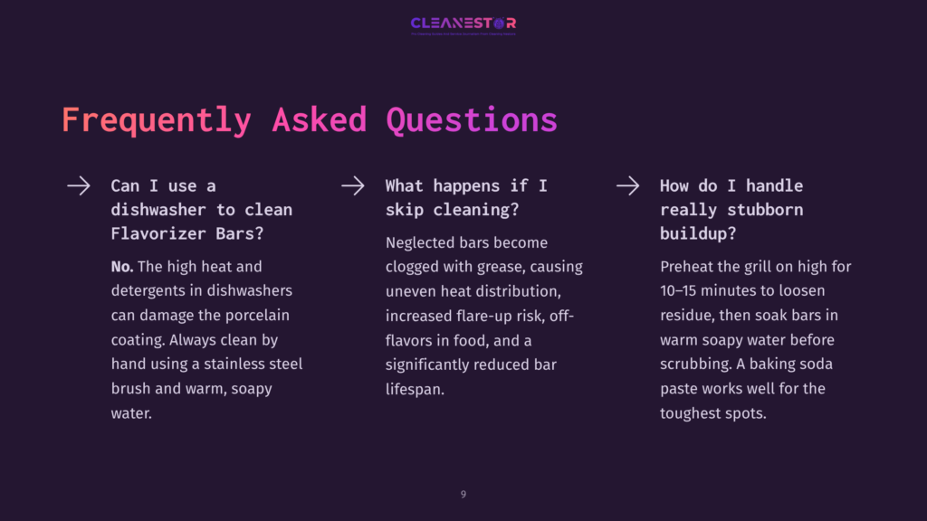 Cleanestor Logo And Frequently Asked Questions About Cleaning Dishwashers, Flavorizer Bars, And Grills. Text Covers Dishwasher Cleaning, Skipping Cleaning, And Grill Cleaning.