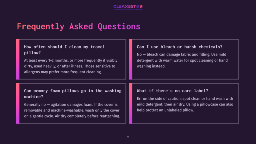 Cleanestor Logo With The Text &Quot;Frequently Asked Questions&Quot; And Four Boxes With Questions And Answers About Cleaning Travel Pillows, Including How Often To Clean, Bleach Usage, Washing Machine Compatibility, And Care Label Information.