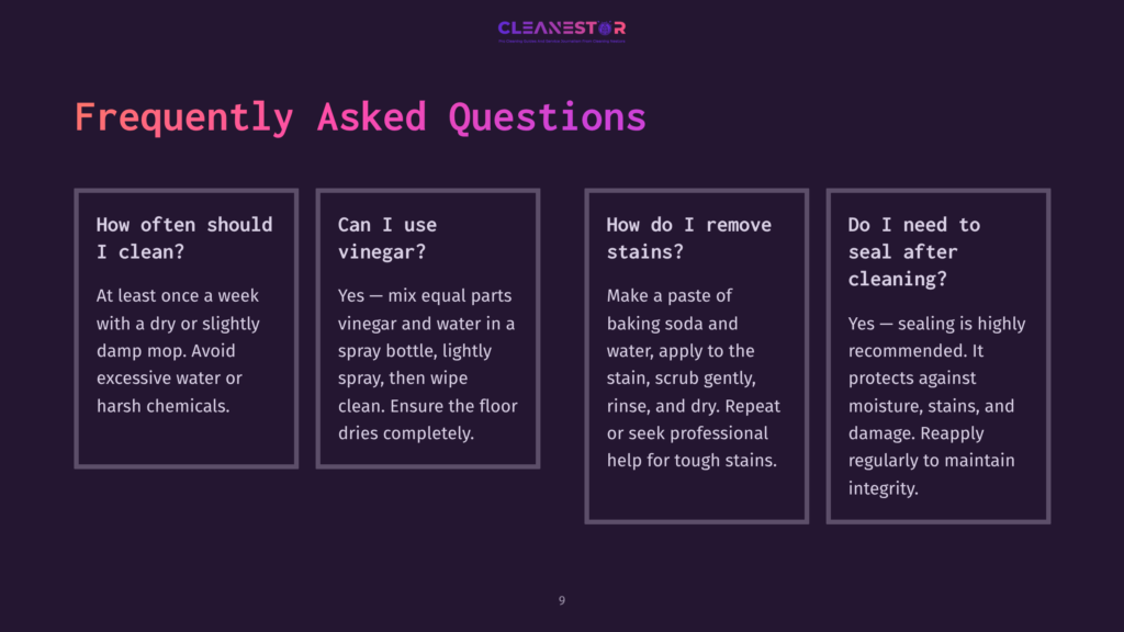 9 Frequently Asked Questions 28 Frequently Asked Questions About Cleaning, Including How Often To Clean, Using Vinegar, Removing Stains With Baking Soda, And Sealing Surfaces.