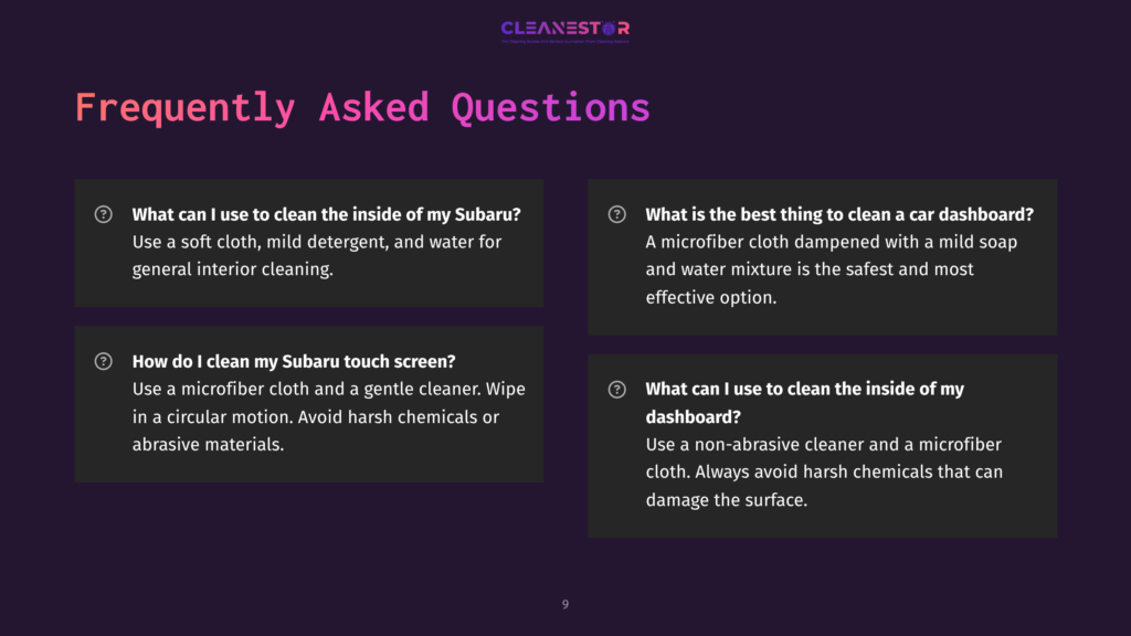 9 Frequently Asked Questions 35 Frequently Asked Questions About Cleaning A Subaru Interior, Including Dashboard Care And General Cleaning Tips, With The Cleanestor Logo At The Top.