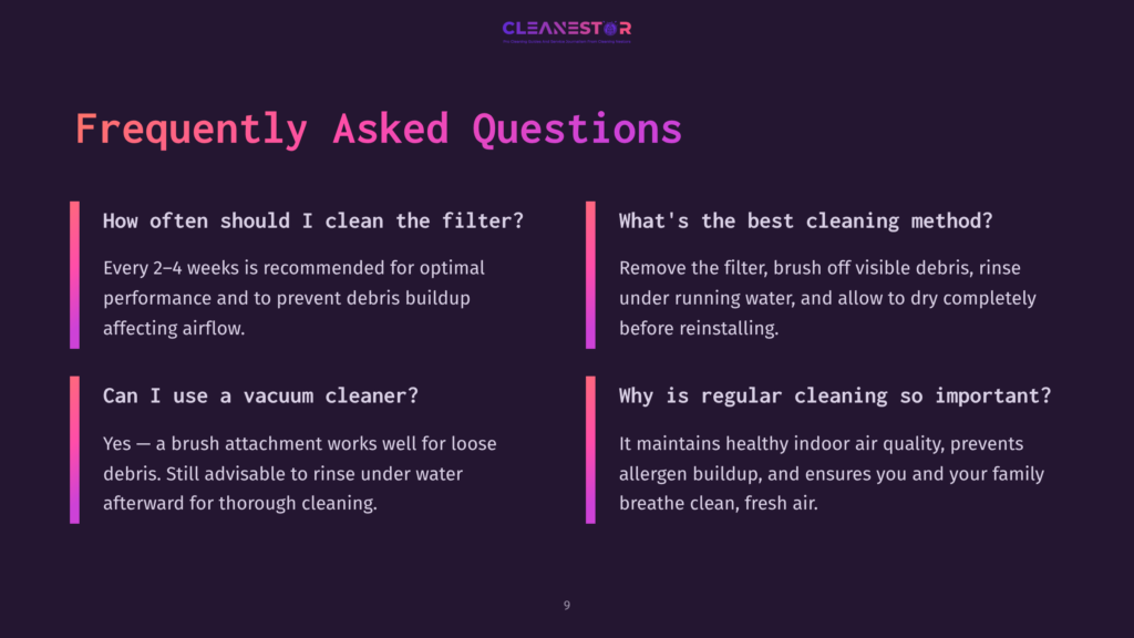 Frequently Asked Questions About Cleaning Vacuum Filters: How Often Should I Clean The Filter? What'S The Best Cleaning Method? Can I Use A Vacuum Cleaner? Why Is Regular Cleaning So Important? The Cleanestor Logo Is At The Top.