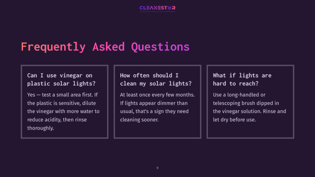 9 Frequently Asked Questions 40 A Dark Purple Background With Three White Cards, Each Containing Frequently Asked Questions About Cleaning Solar Lights With Text And A Company Logo At The Top.