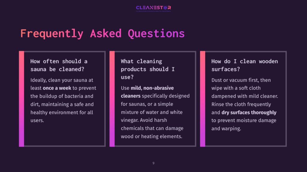 Frequently Asked Questions About Sauna Cleaning, Featuring Three Distinct Panels: &Quot;How Often Should A Sauna Be Cleaned?&Quot;, &Quot;What Cleaning Products Should I Use?&Quot;, And &Quot;How Do I Clean Wooden Surfaces?&Quot;. The Text Emphasizes Weekly Cleaning, Mild Non-Abrasive Cleaners, And Drying Wooden Surfaces.