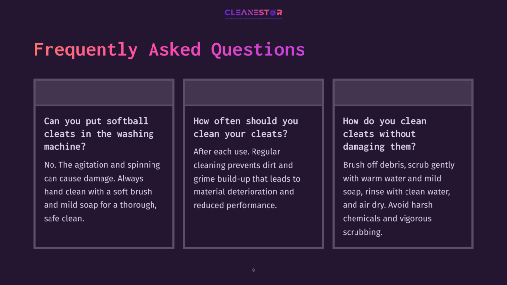 Infographic With Three Columns Detailing How To Clean Cleats. The Left Column Asks &Quot;Can You Put Softball Cleats In The Washing Machine?&Quot;, The Middle Asks &Quot;How Often Should You Clean Your Cleats?&Quot;, And The Right Asks &Quot;How Do You Clean Cleats Without Damaging Them?&Quot;.