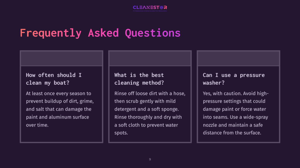 A Dark Purple Background With The Title &Quot;Frequently Asked Questions&Quot; In Large White Letters. Three Boxes With Questions And Answers About Boat Cleaning And Pressure Washers.