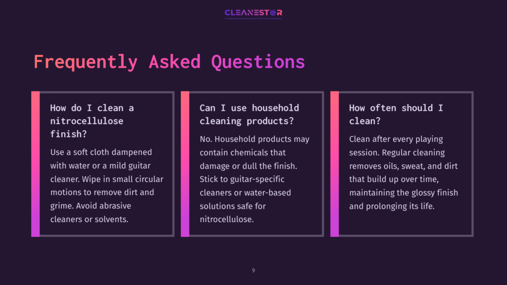 Image With Text: &Quot;Frequently Asked Questions&Quot; And Three Columns Of Text Answering Questions About Cleaning Nitrocellulose Guitar Finishes, Using Household Cleaning Products, And Cleaning Frequency.
