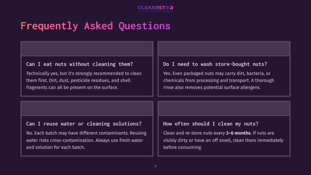 A Dark Purple Background With The Cleanestor Logo At The Top And The Text &Quot;Frequently Asked Questions&Quot; In Large White Font. Below, Four Purple Boxes Present Questions And Answers About Cleaning Nuts.