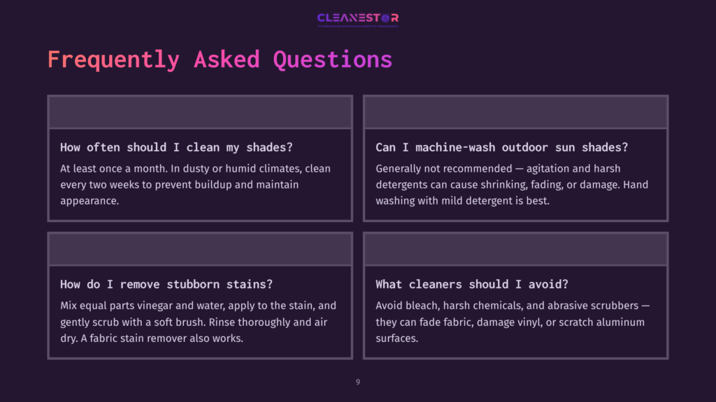 9 Frequently Asked Questions 50 A Dark Purple Slide With The Cleanestor Logo At The Top Displays &Quot;Frequently Asked Questions&Quot; In Large White Text. Below, Four Cards With Dark Purple Borders And White Text Pose And Answer Common Questions About Cleaning Outdoor Sun Shades, Including How Often To Clean Them, How To Remove Stains, And What Cleaners To Avoid.
