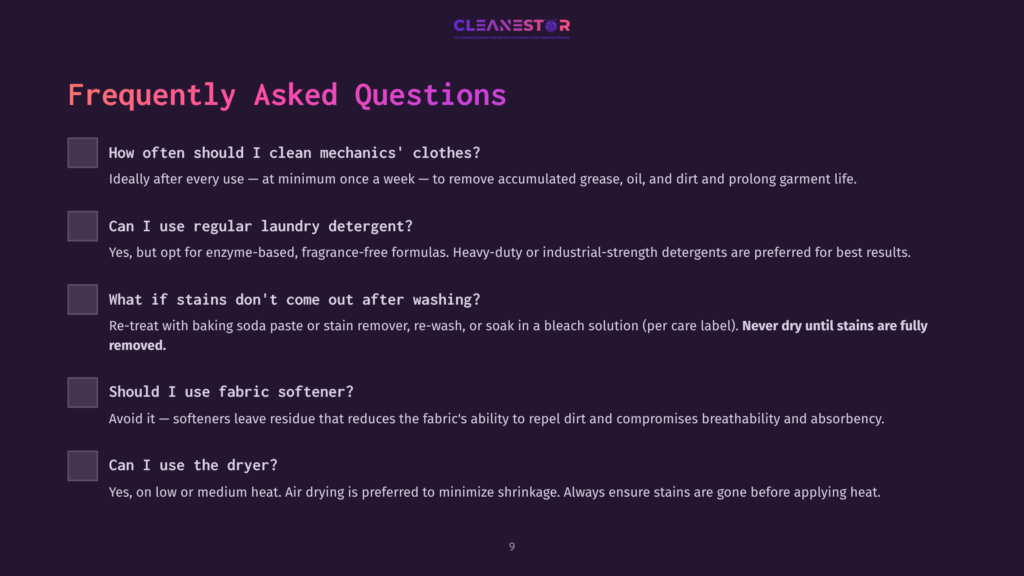 Cleanestor Faq Page On Laundry Care, Detailing How Often To Clean Mechanics' Clothes, Using Regular Laundry Detergent, Treating Stains, And Fabric Softener.