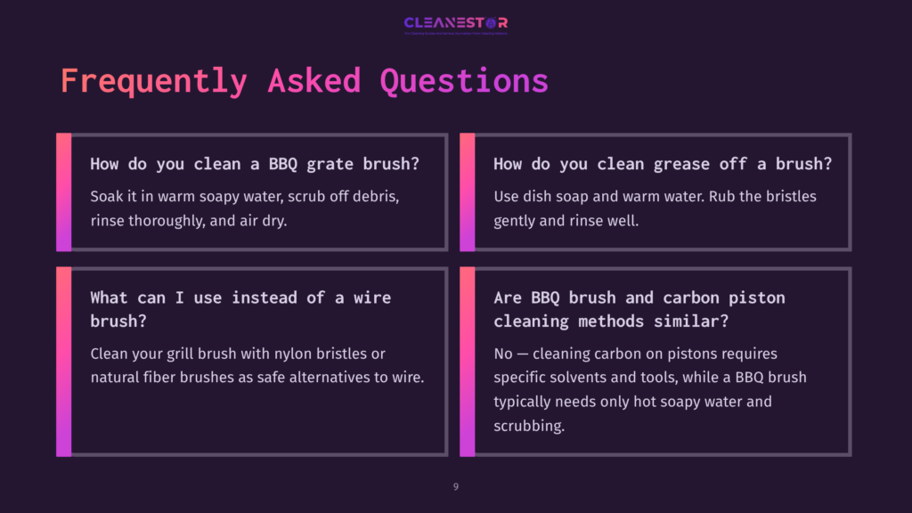 9 Frequently Asked Questions 6 Cleanestor Faq Graphic With Questions About Cleaning Bbq Brushes And Carbon Pistons. The Graphic Is Dark Purple With Pink And Light Purple Accents.