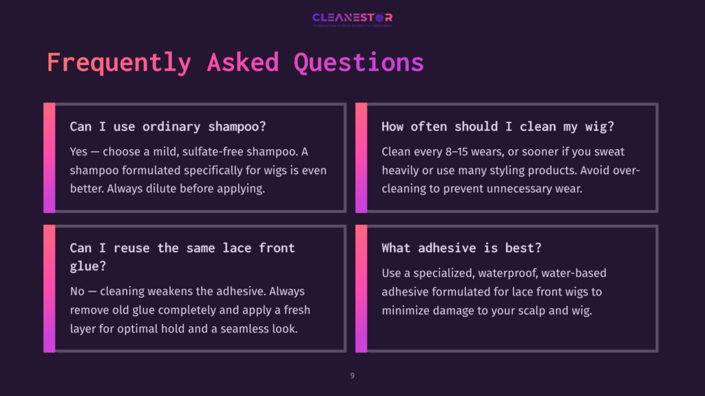 Cleanestor Frequently Asked Questions Section With Four Boxes: &Quot;Can I Use Ordinary Shampoo?&Quot;, &Quot;How Often Should I Clean My Wig?&Quot;, &Quot;Can I Reuse The Same Lace Front Glue?&Quot;, And &Quot;What Adhesive Is Best?&Quot;.