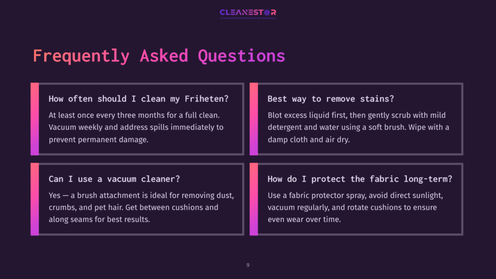 Cleanestor Faq Graphic With Four Panels: &Quot;How Often Should I Clean My Friheten?&Quot;, &Quot;Best Way To Remove Stains?&Quot;, &Quot;Can I Use A Vacuum Cleaner?&Quot;, And &Quot;How Do I Protect The Fabric Long-Term?&Quot;.