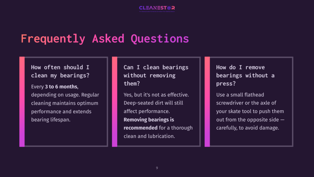 9 Frequently Asked Questions 64 A Dark Purple Background With Three Vertical Panels Detailing Frequently Asked Questions About Cleaning Bearings. The Panels Have Titles Like &Quot;How Often Should I Clean My Bearings?&Quot;, &Quot;Can I Clean Bearings Without Removing Them?&Quot;, And &Quot;How Do I Remove Bearings Without A Press?&Quot;.