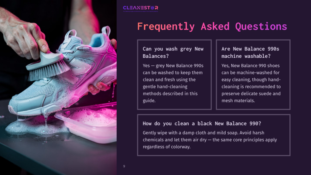 9 Frequently Asked Questions 71 A Person'S Hands Are Cleaning A Pink And Grey New Balance 990 Sneaker With A Brush And Soap In A Sink. The Text &Quot;Cleanestor&Quot; Is Visible In The Top Left Corner.