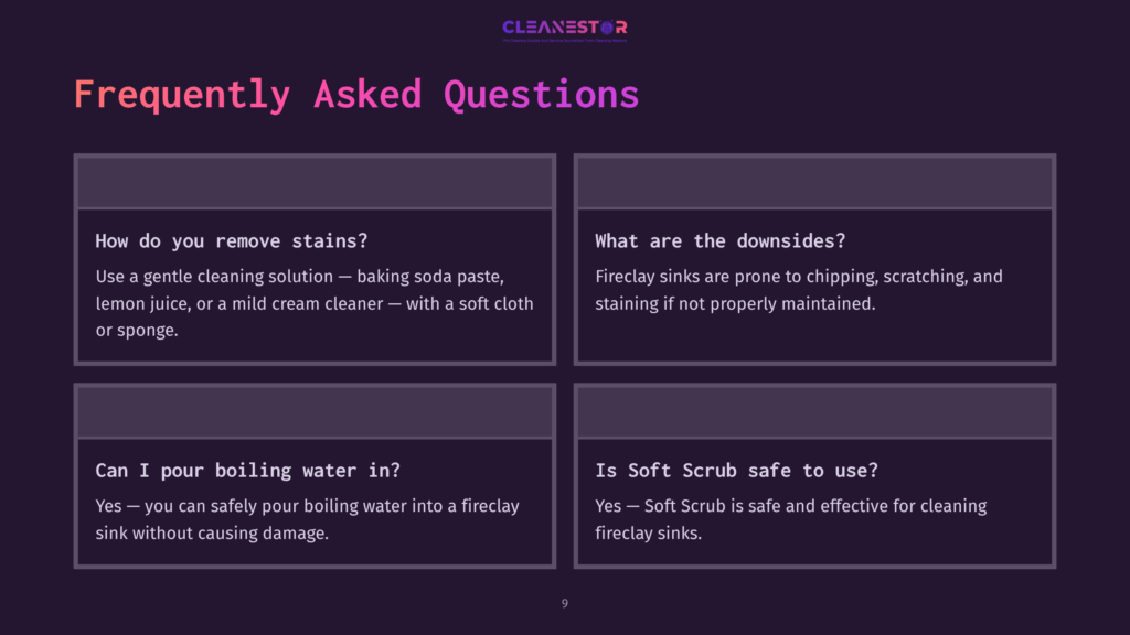 A Dark Purple Background Features A Title &Quot;Frequently Asked Questions&Quot; And Four Boxes With Questions And Answers About Cleaning Fireclay Sinks. Questions Include &Quot;How Do You Remove Stains?&Quot;, &Quot;What Are The Downsides?&Quot;, &Quot;Can I Pour Boiling Water In?&Quot;, And &Quot;Is Soft Scrub Safe To Use?&Quot;.