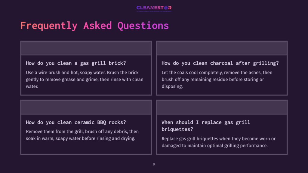 A Graphic With The Title &Quot;Frequently Asked Questions&Quot; About Cleaning Bbq Grills. It Features Four Boxes With Questions And Answers On Topics Like Cleaning Gas Grills, Charcoal Grills, Ceramic Bbq Rocks, And Replacing Gas Grill Briquettes.