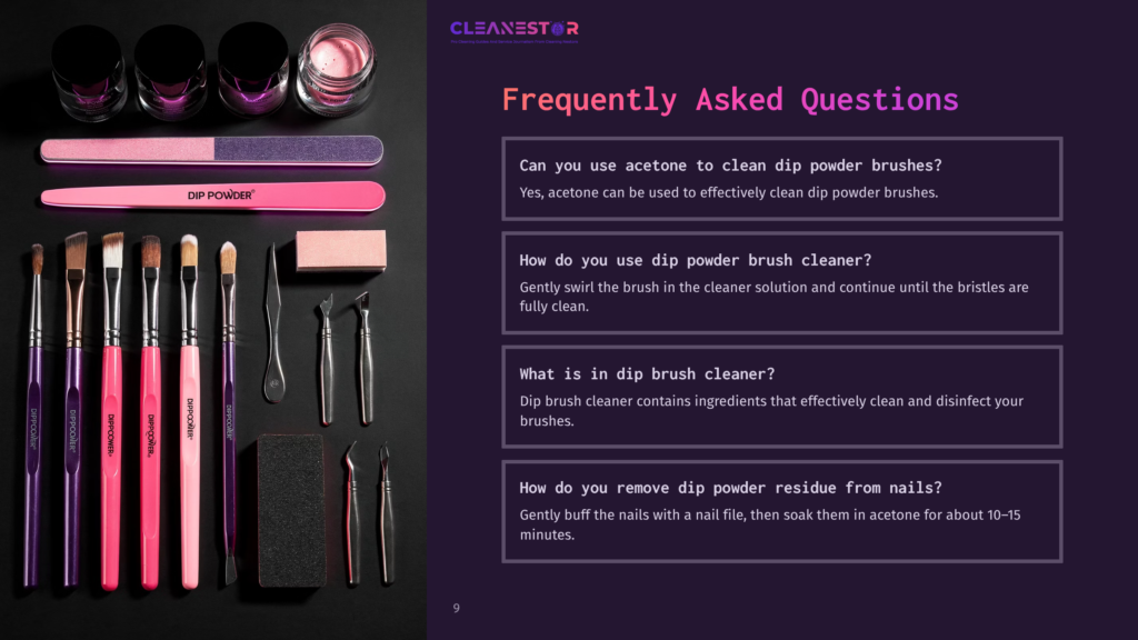 Nail Art Tools Including Dip Powder Brushes, Files, And Tweezers Are Laid Out On A Dark Surface Next To A Bottle Of &Quot;Dip Powder®&Quot; Cleaner. The Cleanestor Logo And Frequently Asked Questions About Dip Powder Brush Cleaner Are Visible.
