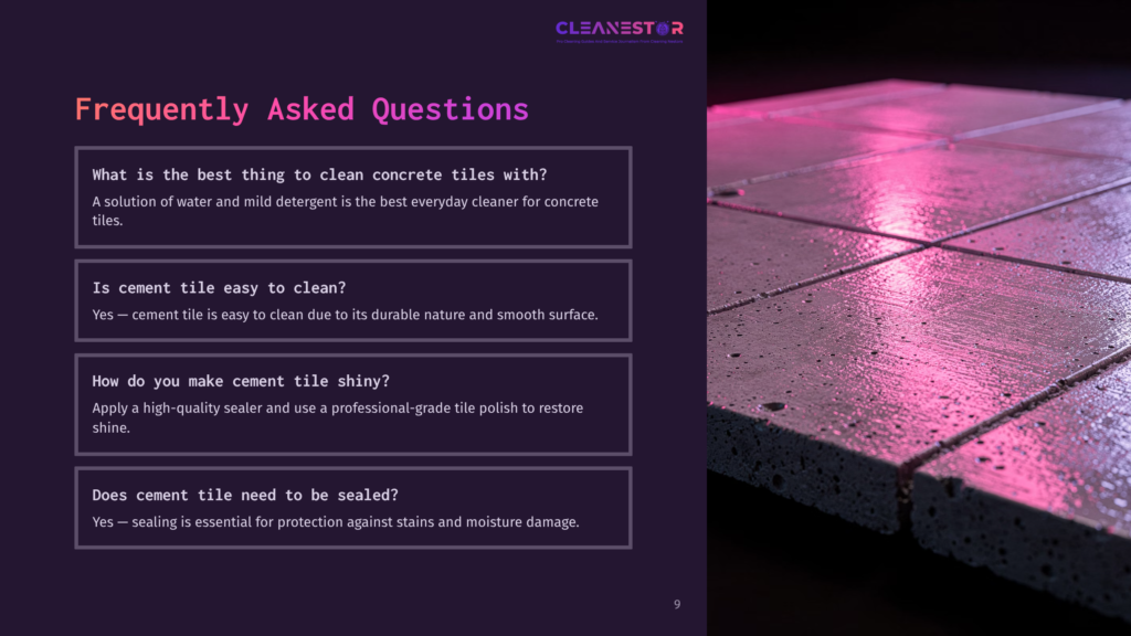 Close-Up Of Wet, Polished Concrete Tiles With Visible Pores And Grout Lines, Reflecting Soft Pink And Purple Light. Text Overlay: &Quot;Cleanestor&Quot; Logo And &Quot;Frequently Asked Questions&Quot; Title.