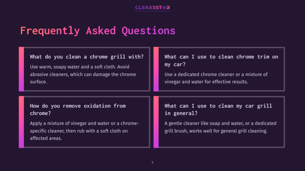 Frequently Asked Questions About Cleaning Car Grills And Chrome Trim, With Text Boxes Detailing Cleaning Methods And Advice.