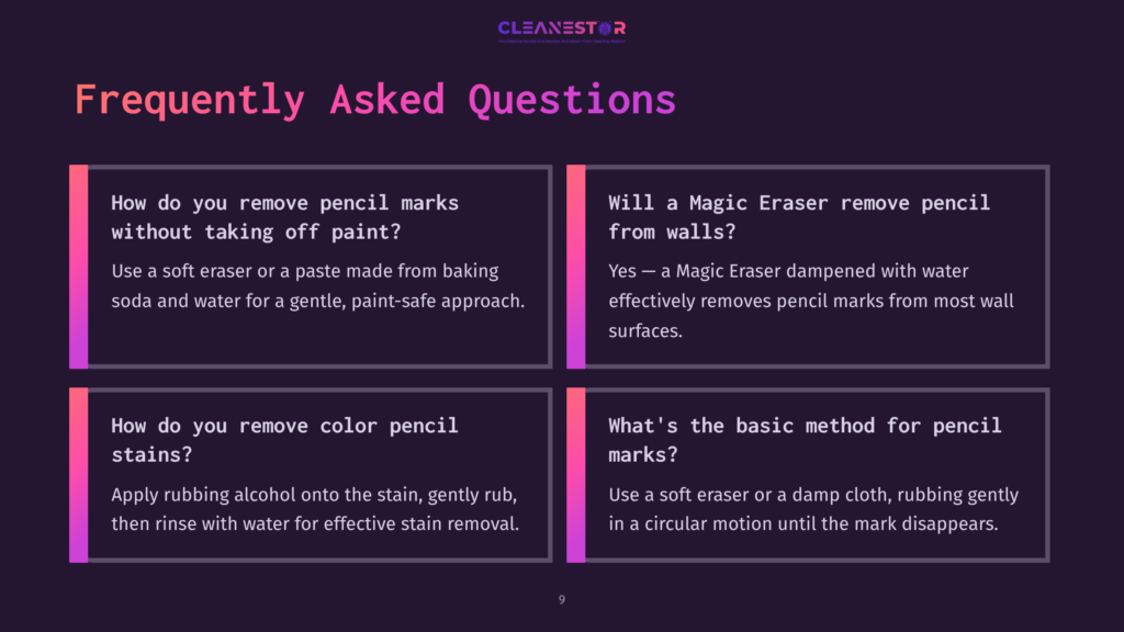 Frequently Asked Questions About Cleaning Pencil Marks From Walls, Including How To Remove Pencil Marks Without Taking Off Paint, Using A Magic Eraser, Removing Color Pencil Stains With Alcohol, And The Basic Method For Pencil Marks.