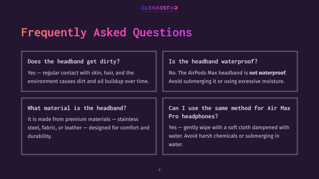 Infographic Titled &Quot;Frequently Asked Questions&Quot; With Four Sections: &Quot;Does The Headband Get Dirty?&Quot;, &Quot;Is The Headband Waterproof?&Quot;, &Quot;What Material Is The Headband?&Quot;, And &Quot;Can I Use The Same Method For Air Max Pro Headphones?&Quot;.