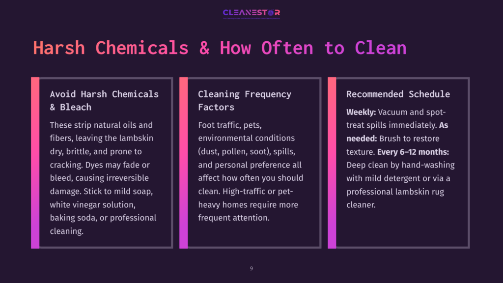 9 Harsh Chemicals And How Often To Clean Dark Purple Background With Three Vertical Panels. The Left Panel, Titled &Quot;Avoid Harsh Chemicals &Amp; Bleach,&Quot; Discusses Natural Oils And Fibers. The Middle Panel, &Quot;Cleaning Frequency Factors,&Quot; Covers Traffic, Dust, And Pets. The Right Panel, &Quot;Recommended Schedule,&Quot; Suggests Weekly Vacuuming And Spot-Treating, With Deep Cleaning Every 6-12 Months.