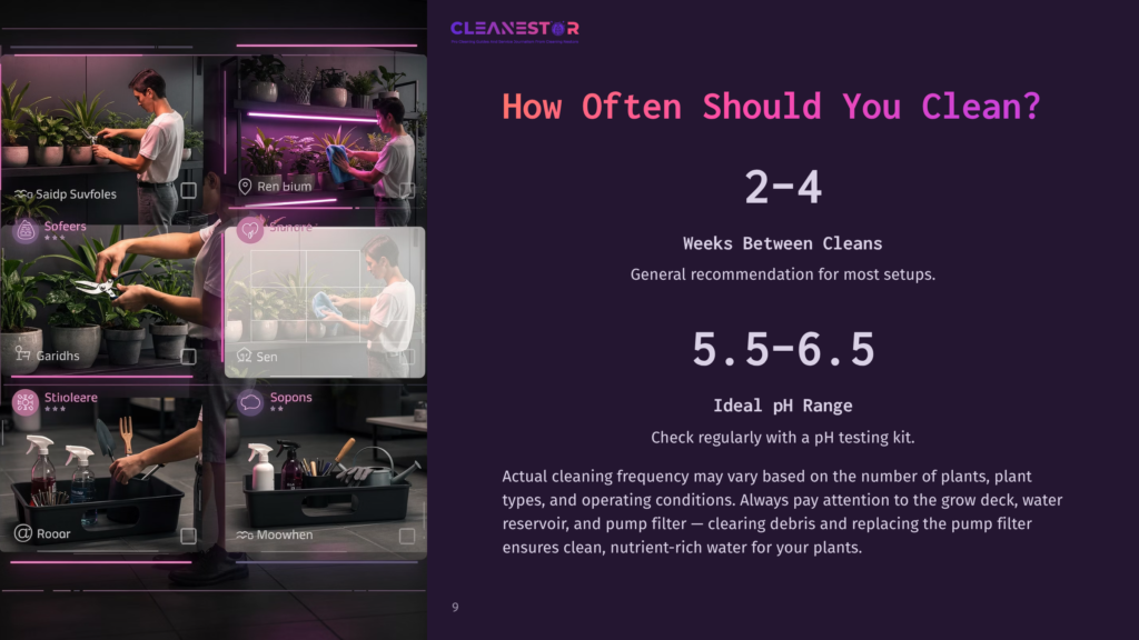9 How Often Should You Clean Infographic Showing How Often To Clean Grow Setups, With Images Of People Tending To Plants And Cleaning Equipment. Text Reads: &Quot;How Often Should You Clean? 2-4 Weeks Between Cleans. 5.5-6.5 Ideal Ph Range.