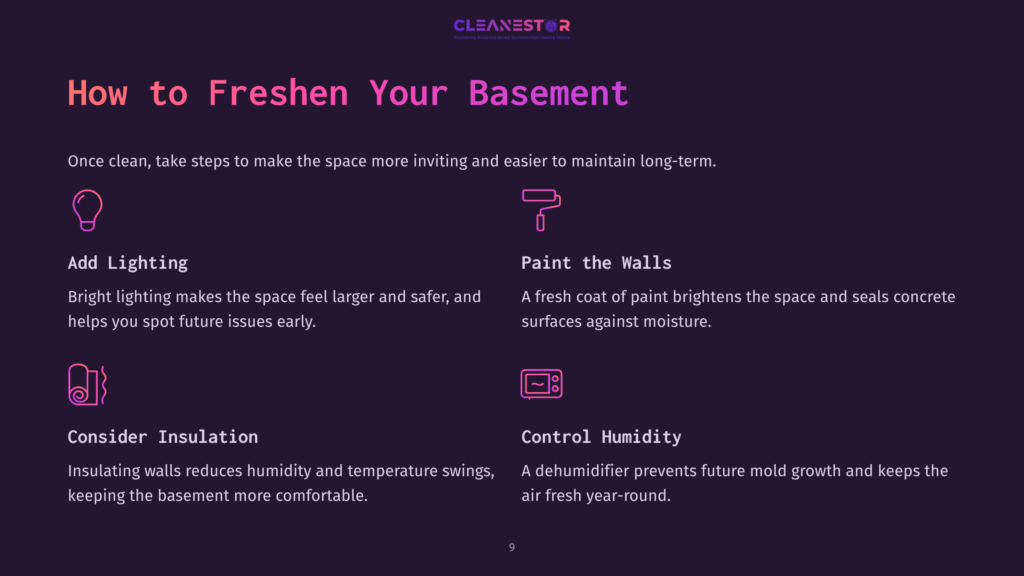 Infographic Titled &Quot;How To Freshen Your Basement&Quot; With Icons For Adding Lighting, Painting Walls, Considering Insulation, And Controlling Humidity To Improve Basement Air Quality.