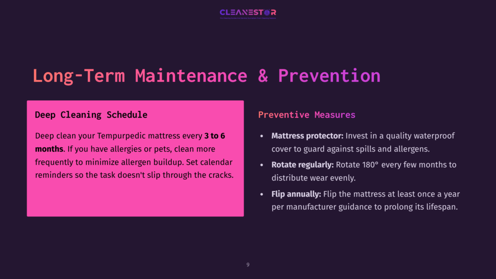 9 Long Term Maintenance And Prevention A Dark Purple Background With A Pink Rectangle On The Left. The Pink Rectangle Contains Text About Deep Cleaning A Tempur-Pedic Mattress Every 3 To 6 Months. The Right Side Of The Image Lists Preventive Measures For Mattress Maintenance, Including A Mattress Protector And Flipping The Mattress Annually, With The Heading &Quot;Long-Term Maintenance &Amp; Prevention.