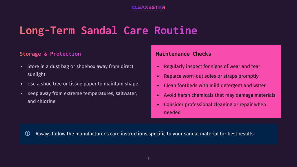 Cleanestor Logo And Text On A Dark Background: &Quot;Long-Term Sandal Care Routine&Quot; With Sections On &Quot;Storage &Amp; Protection&Quot; And &Quot;Maintenance Checks&Quot; Detailing Sandal Care Tips.