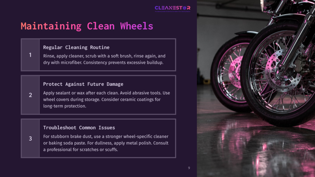 Close-Up Of Two Shiny Motorcycle Wheels With Chrome Spokes, Resting On A Dark, Reflective Surface. Text Overlay Reads &Quot;Cleanestar&Quot; And &Quot;Maintaining Clean Wheels&Quot;.