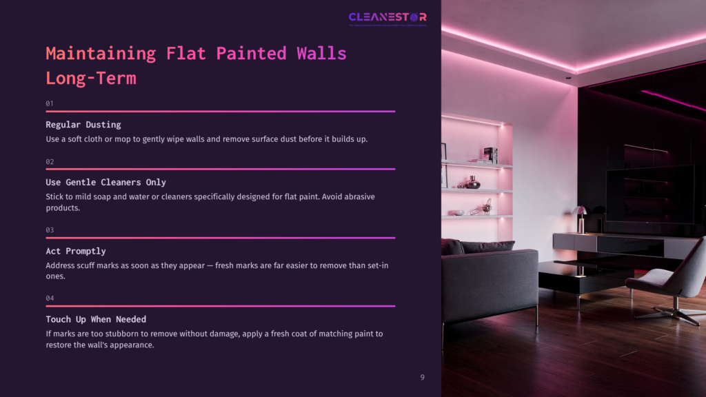 9 Maintaining Flat Painted Walls Long Term Modern Living Room With Sleek Furniture, A Large Tv, And Ambient Pink Led Lighting. Text Overlay: &Quot;Cleanestor Maintaining Flat Painted Walls Long-Term&Quot; With Tips For Cleaning.