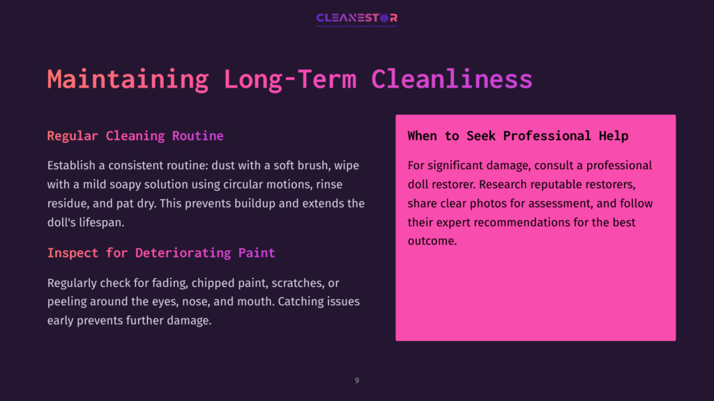 Maintaining Long-Term Cleanliness: Text Emphasizes Regular Cleaning Routines And Seeking Professional Help For Doll Restoration, With A Purple Background And Clean Logo.