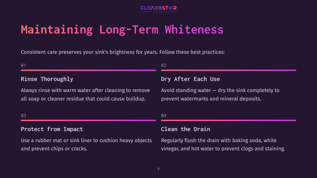 Cleanestor Logo Above Text On Maintaining Long-Term Sink Whiteness: Rinse Thoroughly, Dry After Each Use, Protect From Impact, Clean The Drain.