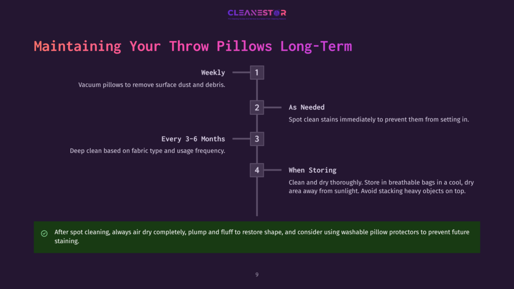 9 Maintaining Your Throw Pillows Long Term Infographic Titled &Quot;Maintaining Your Throw Pillows Long-Term&Quot; With A Timeline From Weekly To Storage, Offering Cleaning And Care Tips.