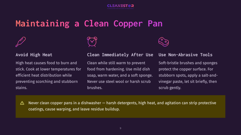 Infographic With Text About Maintaining Clean Copper Pans: Avoid High Heat, Clean Immediately After Use, Use Non-Abrasive Tools. Warning About Dishwashers.