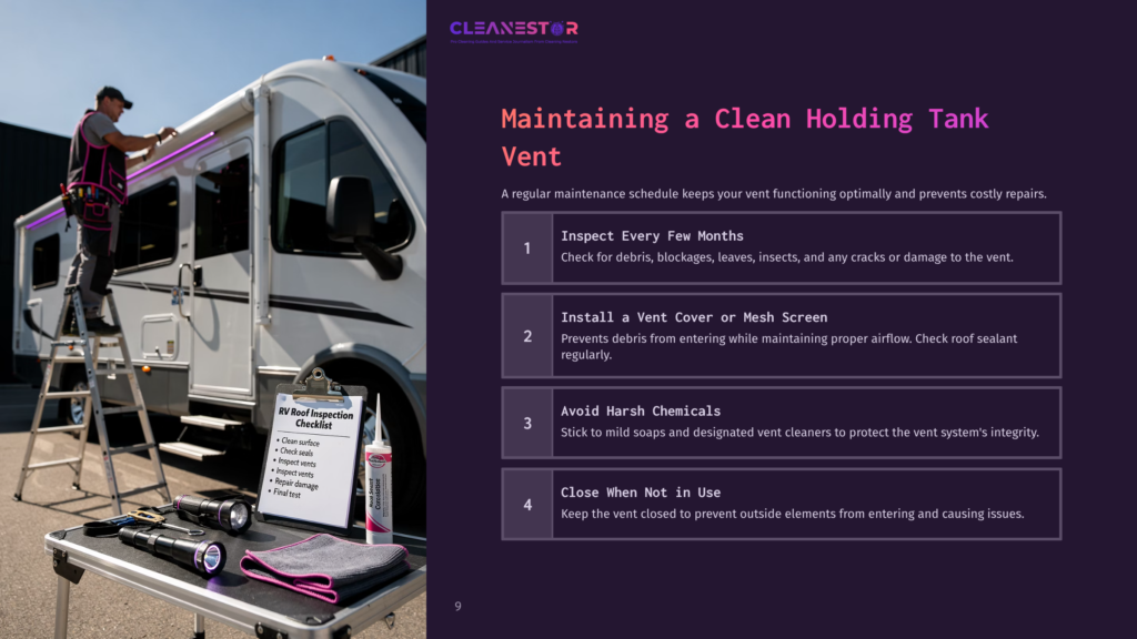 9 Maintaining A Clean Holding Tank Vent Rv Roof Inspection Checklist With A Person Working On An Rv'S Vent Cover. The Checklist Includes Items Like &Quot;Clean Surface,&Quot; &Quot;Check Seal,&Quot; And &Quot;Inspect Vents.
