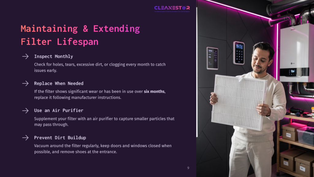 A Man In A White Sweater Holds A Clean Air Filter, Smiling. Behind Him, A Wall Features A Boiler And Shelves With Boxes. Text On The Left Side Of The Image Offers Tips For Maintaining And Extending Filter Lifespan.