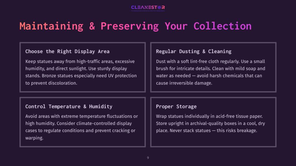 Cleanestor Logo And Text Advising On Maintaining And Preserving Collections: Choose The Right Display Area, Regular Dusting &Amp; Cleaning, Control Temperature &Amp; Humidity, Proper Storage.