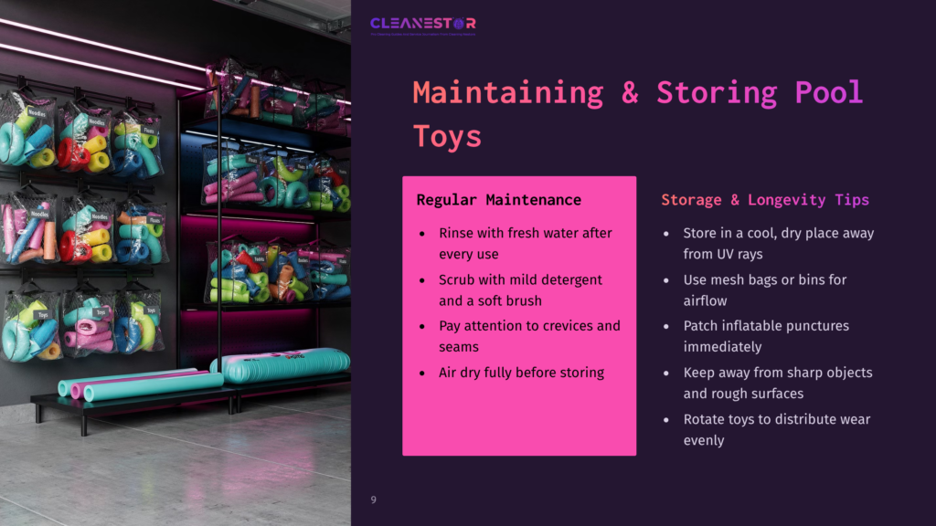 A Retail Display Wall Lined With Shelves Holding Many Colorful Pool Toys In Clear Plastic Bags. The Text &Quot;Cleanestor&Quot; And &Quot;Maintaining &Amp; Storing Pool Toys&Quot; Are Visible.