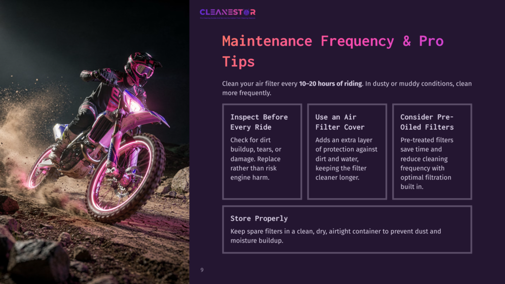 A Motocross Rider In Full Gear Kicks Up Dirt With Their Motorcycle, Illuminated By Pink And Purple Neon Lights. The Image Includes Text About Motorcycle Maintenance Frequency And Tips.